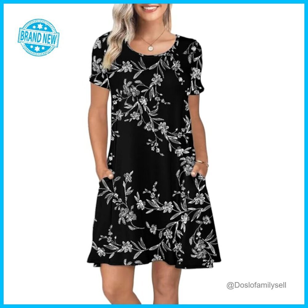 Floral Black Rayon Spandex Loose Swing Dress with Pockets Casual Chic